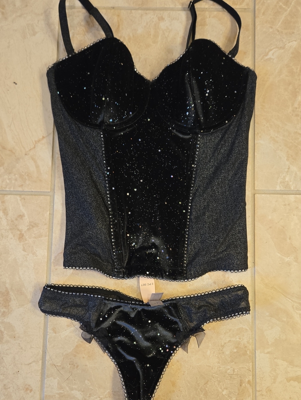 Victoria's Secret Black Glitter Corset  Velvet Brief Set NWT